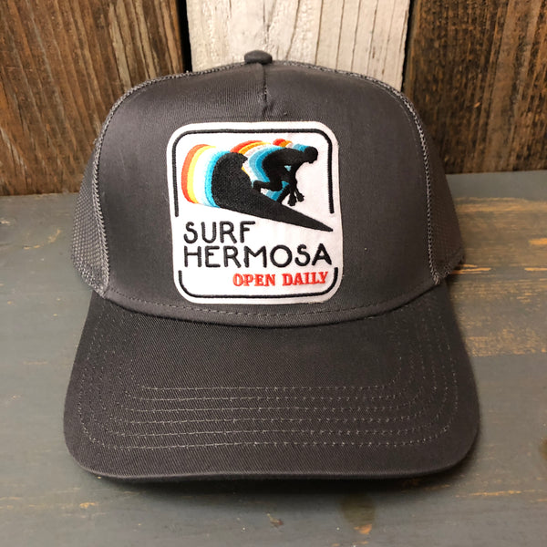 SURF HERMOSA :: OPEN DAILY - 5 Panel Mid Profile Mesh Back Trucker Hat - Charcoal Grey
