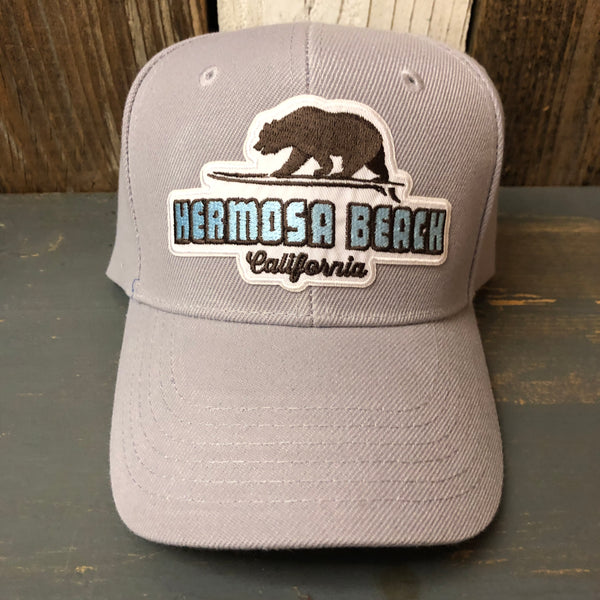 Hermosa Beach SURFING GRIZZLY BEAR 6 Panel Mid Profile Baseball Cap - Grey