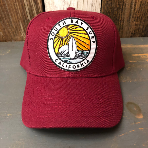 Hermosa Beach SOUTH BAY SURF (Multi Colored Patch) 6 Panel Mid Profile Baseball Cap - Maroon