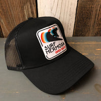 SURF HERMOSA :: OPEN DAILY - 5 Panel Mid Profile Mesh Back Trucker Hat - Black