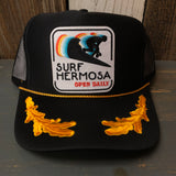 SURF HERMOSA :: OPEN DAILY 5 Panel High Crown Mesh Back Captain Trucker Hat- Black/Gold