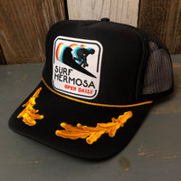 SURF HERMOSA :: OPEN DAILY 5 Panel High Crown Mesh Back Captain Trucker Hat- Black/Gold