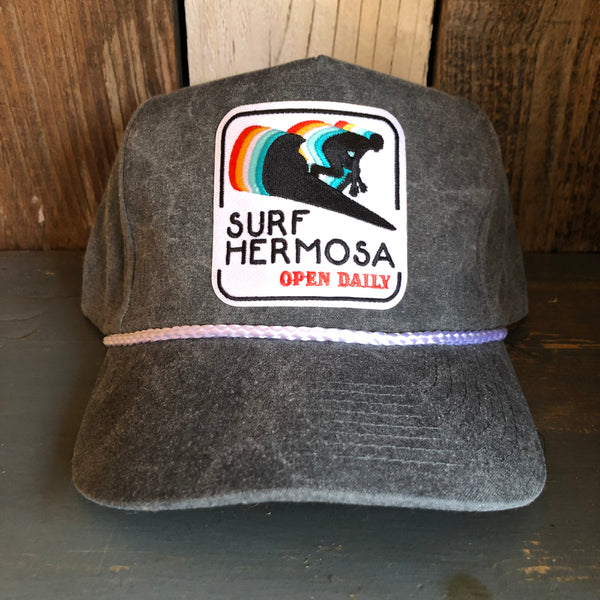 Hermosa Beach SURF HERMOSA :: OPEN DAILY 5 panel Stone Washed Canvas 2-Tone - Charcoal/White Braid