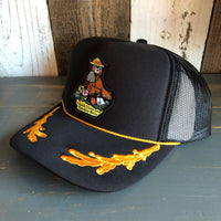 I THINK I LOVE YOU, SMOKEY BEAR Trucker Hat - 5 Panel High Crown Mesh Back CAPTAIN Trucker Hat- Black/Gold