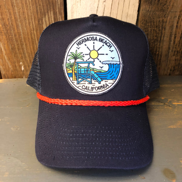 Hermosa Beach SHOREFRONT 5 panel Cotton Twill Front, Mesh Back, Rope cap - Navy/Red Braid