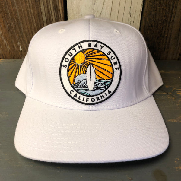 SOUTH BAY SURF (Multi Colored Patch) 6 Panel Wool Blend Flat Bill Hat - White