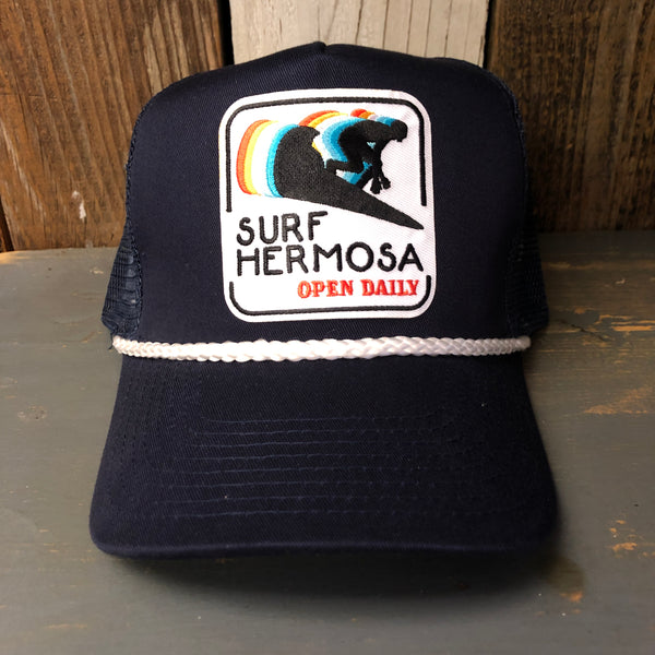 Hermosa Beach SURF HERMOSA :: OPEN DAILY 5 panel Cotton Twill Front, Mesh Back, Rope cap - Navy/White Braid