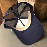 Hermosa Beach SURF HERMOSA :: OPEN DAILY 5 panel Cotton Twill Front, Mesh Back, Rope cap - Navy/White Braid