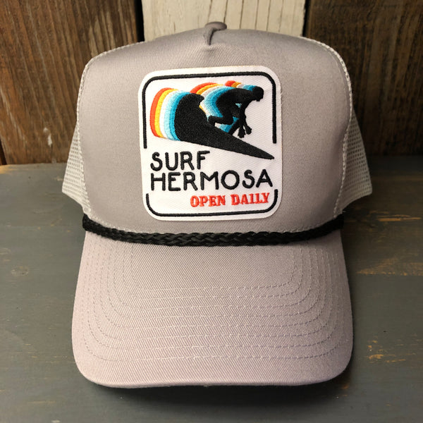 Hermosa Beach SURF HERMOSA :: OPEN DAILY 5 panel Cotton Twill Front, Mesh Back, Rope cap - Grey/Black Braid