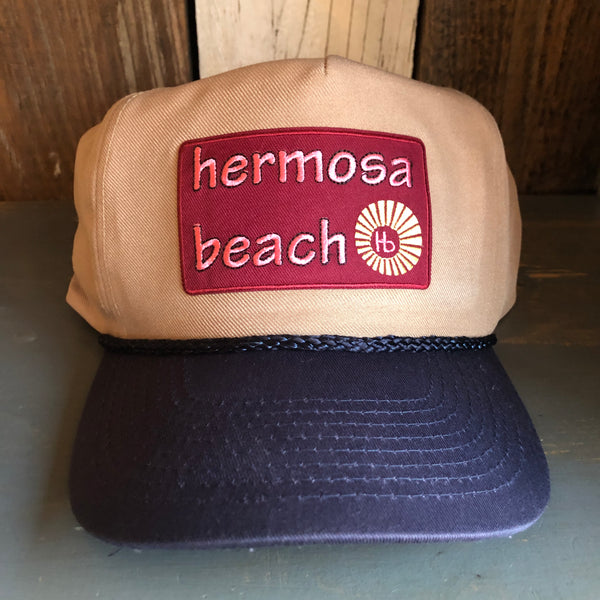 Hermosa Beach WELCOME SIGN 5-Panel Polyester Golf, 2-Tone - Khaki/Navy Braid