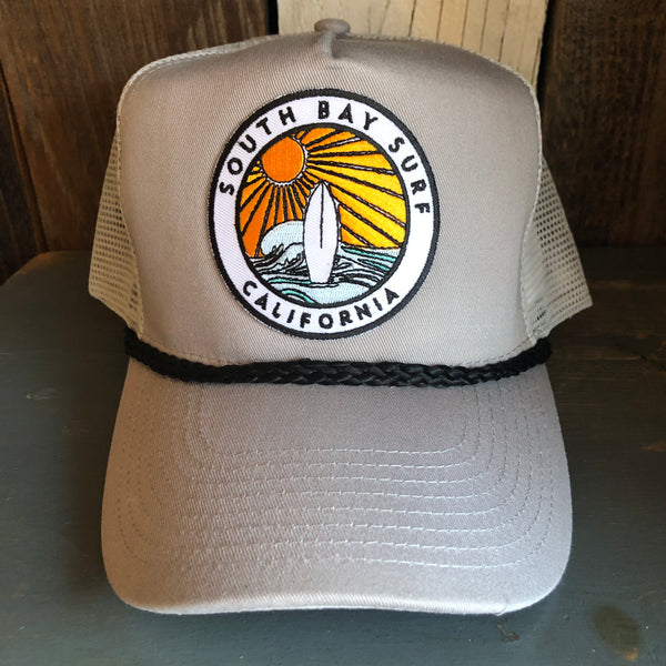Hermosa Beach SOUTH BAY SURF (Multi Colored Patch) 5 panel Cotton Twill Front, Mesh Back, Rope cap - Grey/Black Braid