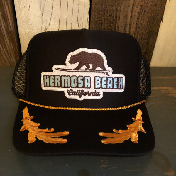 Hermosa Beach SURFING GRIZZLY BEAR 5 Panel High Crown Mesh Back Captain Trucker Hat- Black/Gold