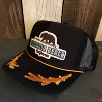 Hermosa Beach SURFING GRIZZLY BEAR 5 Panel High Crown Mesh Back Captain Trucker Hat- Black/Gold