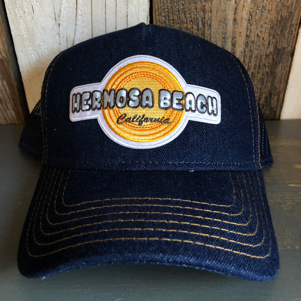 Hermosa Beach HIGH HEAT Premium Denim Trucker Hat - Navy/Gold Stitching