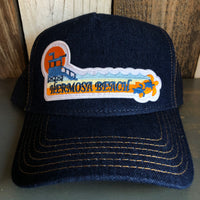 Hermosa Beach GOLDEN HOUR Premium Denim Trucker Hat - Navy/Gold Stitching