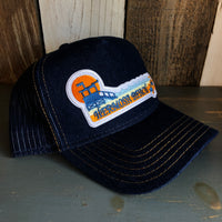 Hermosa Beach GOLDEN HOUR Premium Denim Trucker Hat - Navy/Gold Stitching