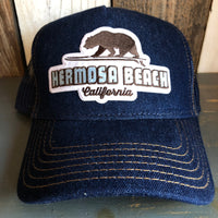Hermosa Beach SURFING GRIZZLY BEAR Premium Denim Trucker Hat - Navy/Gold Stitching
