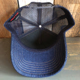 Hermosa Beach GOLF CARTS & YOGA PANTS Premium Denim Trucker Hat - Navy/Gold Stitching