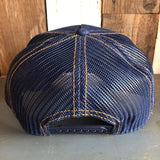 Hermosa Beach GOLF CARTS & YOGA PANTS Premium Denim Trucker Hat - Navy/Gold Stitching