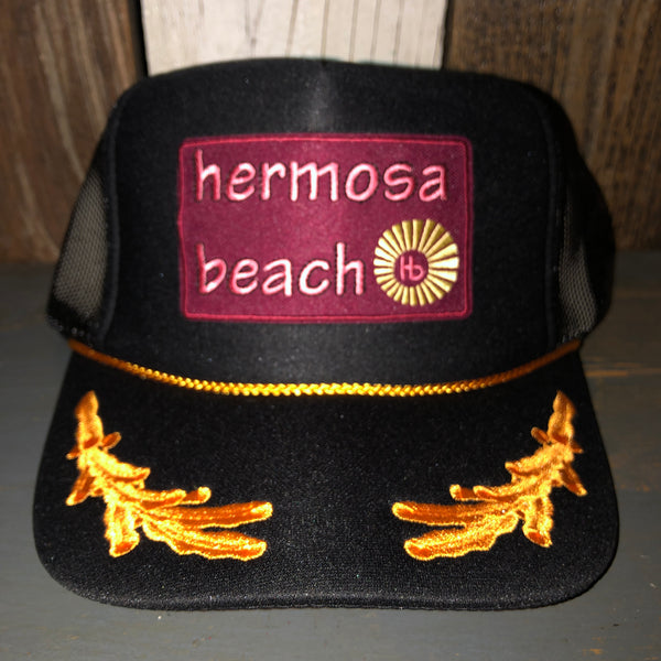 Hermosa Beach WELCOME SIGN 5 Panel High Crown Mesh Back Captain Trucker Hat- Black/Gold