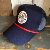HAPPY CAMPERS COME FROM CALIFORNIA 5 panel Cotton Twill Front, Mesh Back, Rope cap - Navy/Red Braid