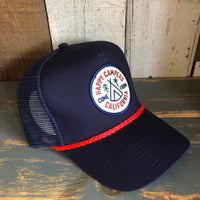 HAPPY CAMPERS COME FROM CALIFORNIA 5 panel Cotton Twill Front, Mesh Back, Rope cap - Navy/Red Braid