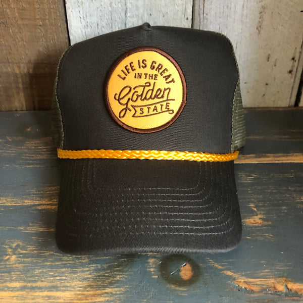 LIFE IS GREAT IN THE GOLDEN STATE 5 panel Cotton Twill Front, Mesh Back, Rope cap - Loden/Gold Braid