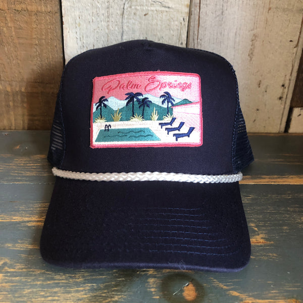 PALM SPRINGS, CALIFORNIA 5 panel Cotton Twill Front, Mesh Back, Rope cap - Navy/White Braid