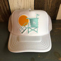 Hermosa Beach LIFEGUARD TOWER High Crown Trucker Hat - White
