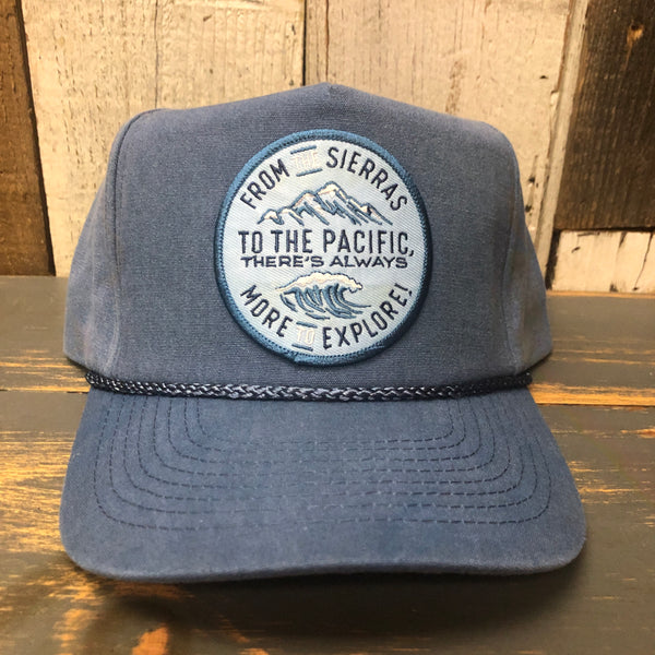 Products SIERRA PACIFIC 5 panel Stone Washed Canvas 2-Tone - Sky/White Braid (FROM THE SIERRAS TO THE PACIFIC :: THERE'S ALWAYS MORE TO EXPLORE)
