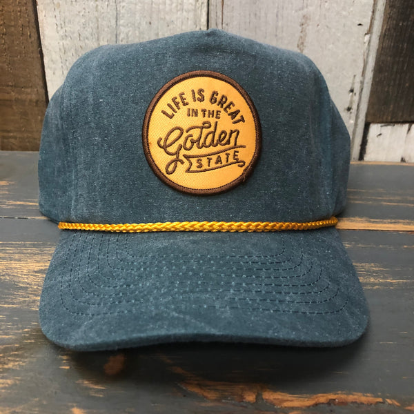 LIFE IS GREAT IN THE GOLDEN STATE :: 5 panel Stone Washed Canvas 2-Tone - Moss/Gold Braid
