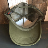 Hermosa Beach SOUTH BAY SURF (Multi Colored Patch) High Crown Trucker Hat - Olive