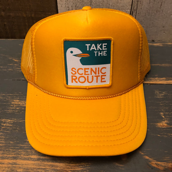 TAKE THE SCENIC ROUTE (Seagull) High Crown Trucker Hat - Gold