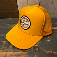 HAPPY CAMPERS COME FROM CALIFORNIA :: 5 Panel High Crown Trucker Hat - Gold