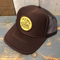 LIFE IS GREAT IN THE GOLDEN STATE High Crown Trucker Hat - Brown