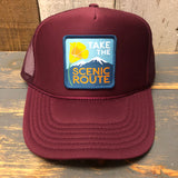 TAKE THE SCENIC ROUTE (Mountain/Flower) High Crown Trucker Hat - Burgundy Maroon