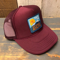 TAKE THE SCENIC ROUTE (Mountain/Flower) High Crown Trucker Hat - Burgundy Maroon