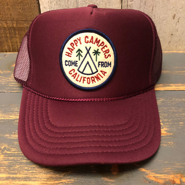 HAPPY CAMPERS COME FROM CALIFORNIA High Crown Trucker Hat - Burgundy Maroon