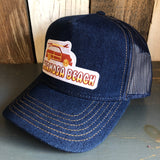 Hermosa Beach WOODIE Premium Denim Trucker Hat - Navy/Gold Stitching
