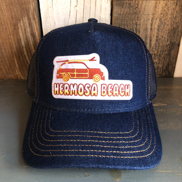 Hermosa Beach WOODIE Premium Denim Trucker Hat - Navy/Gold Stitching