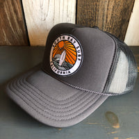 SOUTH BAY SURF (Multi Colored Patch) High Crown Trucker Hat - Charcoal (Curved Brim)