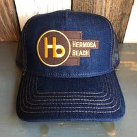 Hermosa Beach THE NEW STYLE Premium Denim Trucker Hat - Navy/Gold Stitching