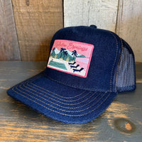 PALM SPRINGS, CALIFORNIA :: Premium Denim Trucker Hat - Navy/Gold Stitching