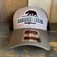 Hermosa Beach SURFING GRIZZLY BEAR 6 Panel Low Profile Mesh Back Trucker Hat - OliveGreen/HeatherGray/Black