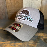 Hermosa Beach SURFING GRIZZLY BEAR 6 Panel Low Profile Mesh Back Trucker Hat - OliveGreen/HeatherGray/Black