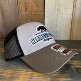 Hermosa Beach SURFING GRIZZLY BEAR 6 Panel Low Profile Mesh Back Trucker Hat - OliveGreen/HeatherGray/Black