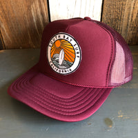 Hermosa Beach SOUTH BAY SURF (Multi Colored Patch) High Crown Trucker Hat - Burgundy Maroon