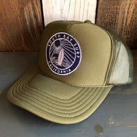 Hermosa Beach SOUTH BAY SURF (Navy Patch) High Crown Trucker Hat - Olive
