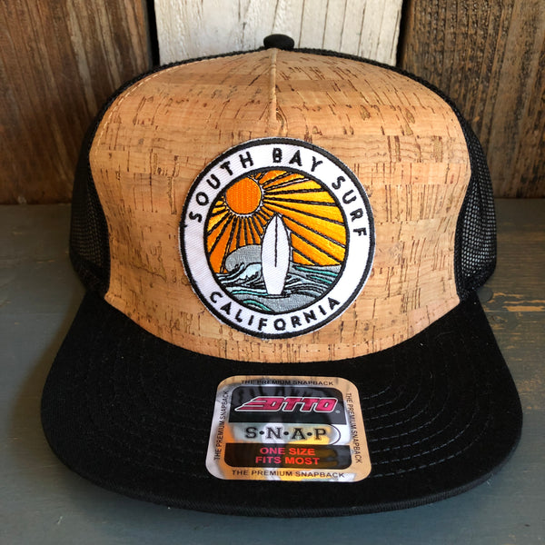 Hermosa Beach SOUTH BAY SURF (Multi Colored Patch) Premium Cork Trucker Hat - (Black/Cork)
