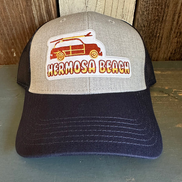 Hermosa Beach WOODIE 6 Panel Low Profile Mesh Back Trucker Hat - Navy/Heather Grey